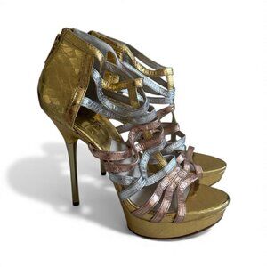 MICHAEL KORS Metallic Rose Gold Silver Leather Platform Sandals Heels Size 7.5